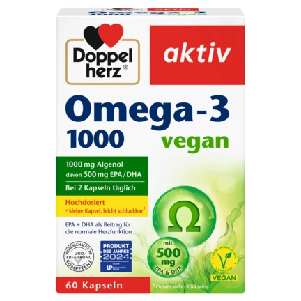Abbildung der Produktverpackung Doppelherz aktiv Omega-3 1000 vegan Frontansicht